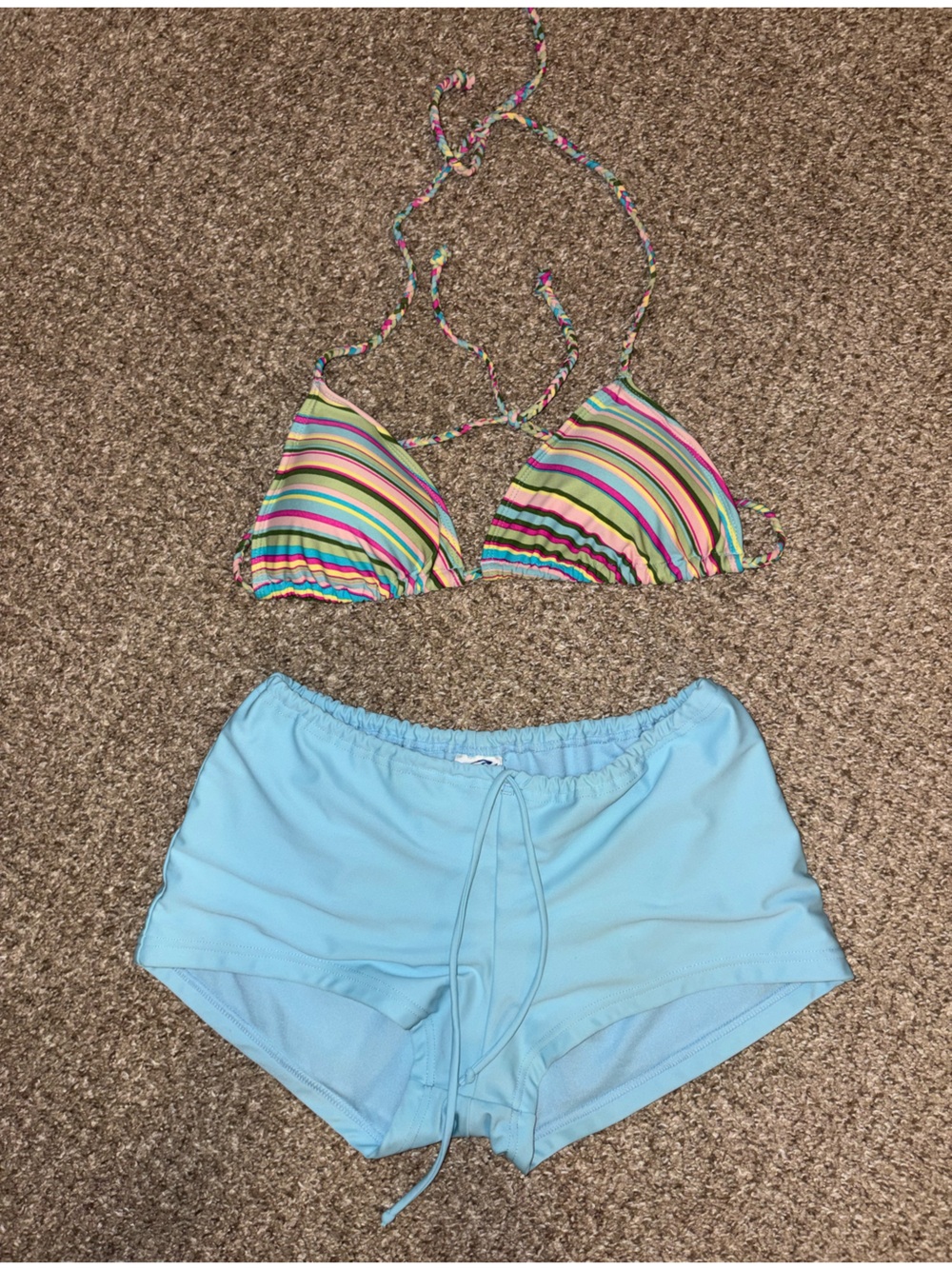 H&M Multicolor Striped Triangle Bikini Top with Light Blue Swim Shorts